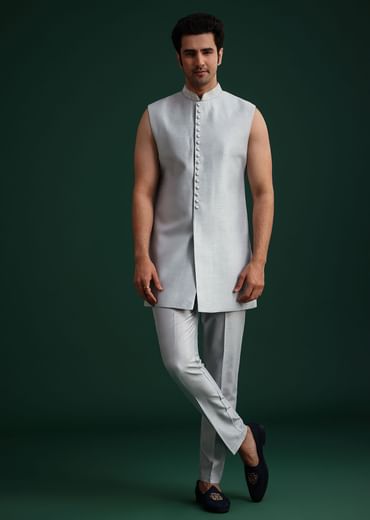 Ice Blue Cotton Silk Hand Work Sherwani Kurta Set