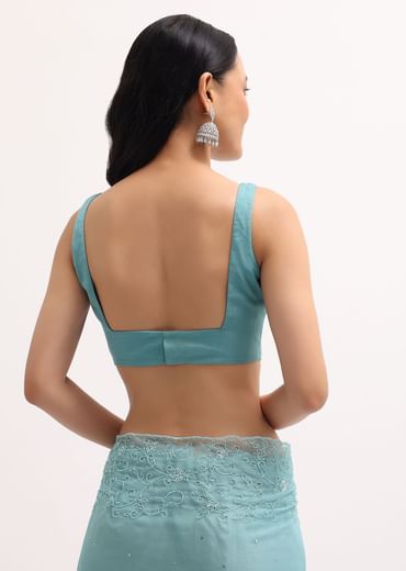 Ice Blue Embroidered Organza Saree With Unstitched Blouse