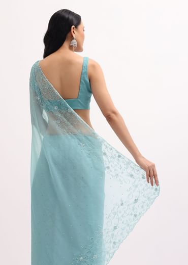 Ice Blue Embroidered Organza Saree With Unstitched Blouse