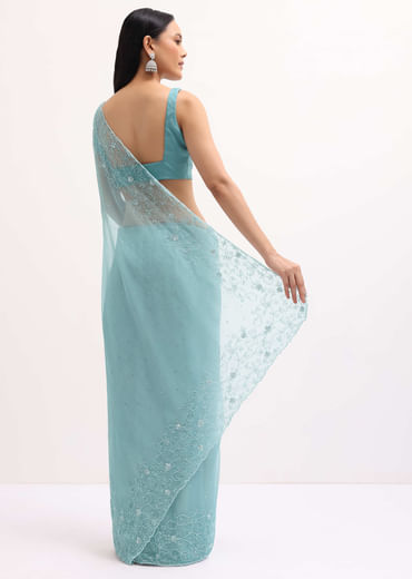 Ice Blue Embroidered Organza Saree With Unstitched Blouse