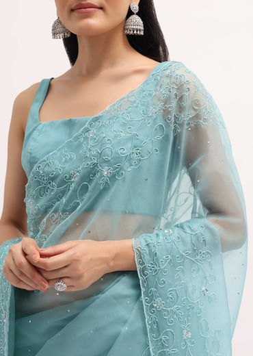 Ice Blue Embroidered Organza Saree With Unstitched Blouse