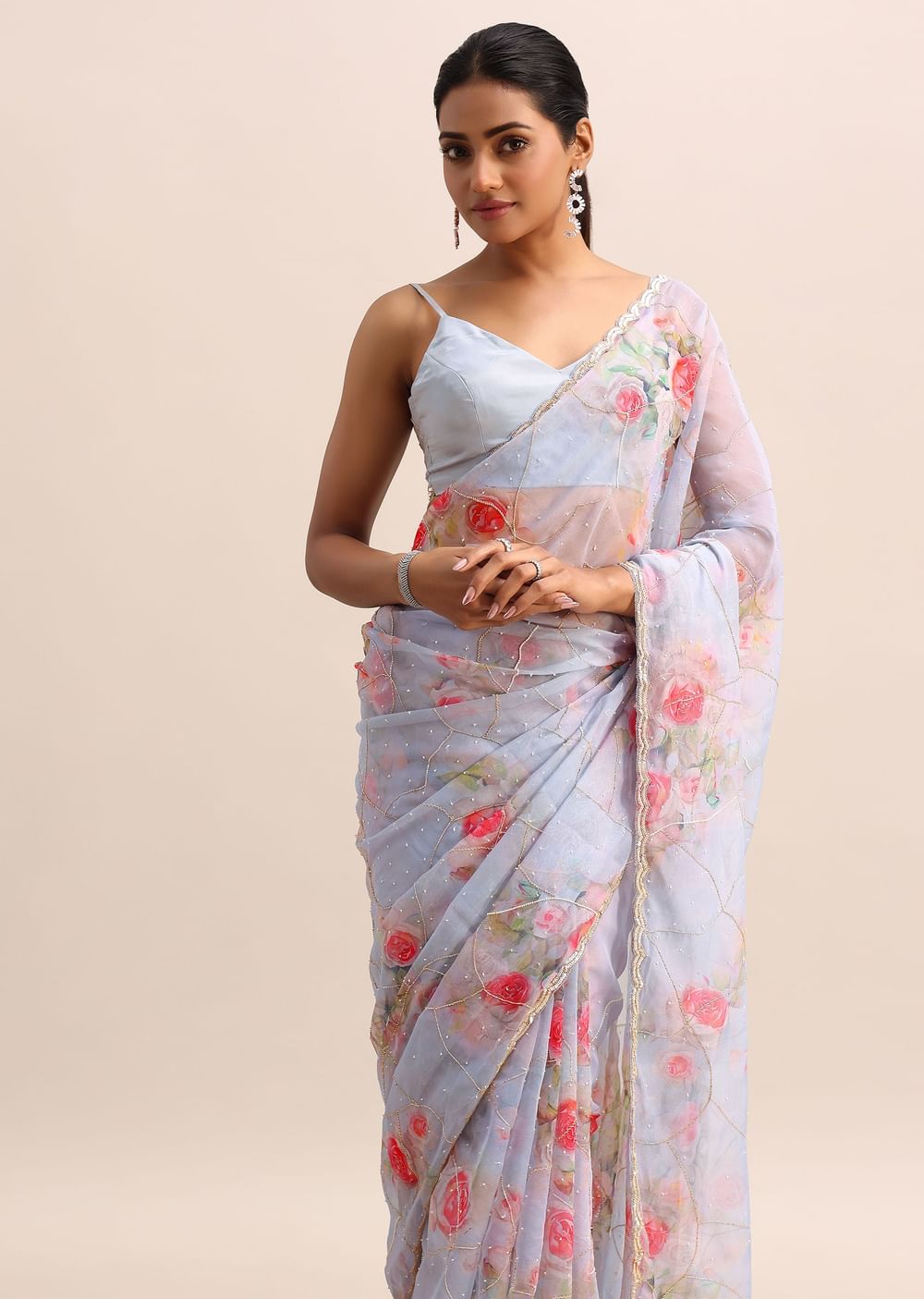 Ice Blue Floral Printed Organza Saree With Cutdana Embroidery And Unstitched Blouse