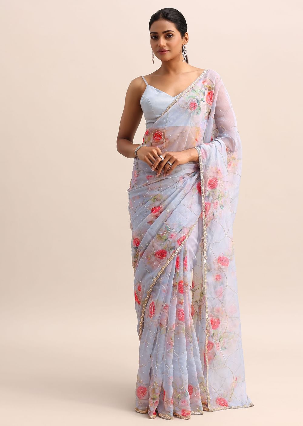 Ice Blue Floral Printed Organza Saree With Cutdana Embroidery And Unstitched Blouse