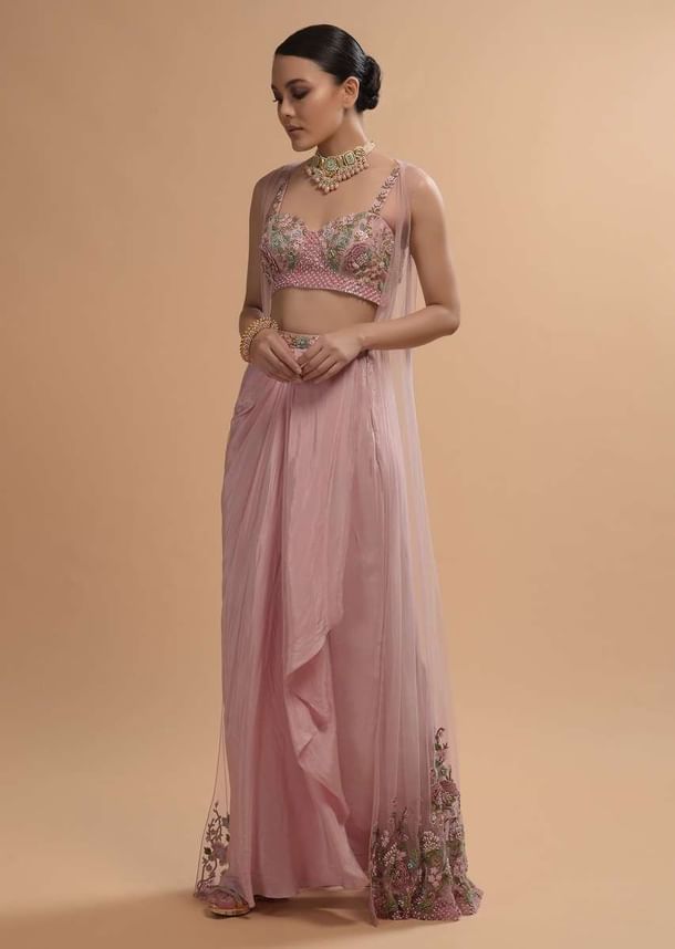 Icy Pink Draped Skirt And Crop Top Set With Long Jacket And 3D Flower Embroidery