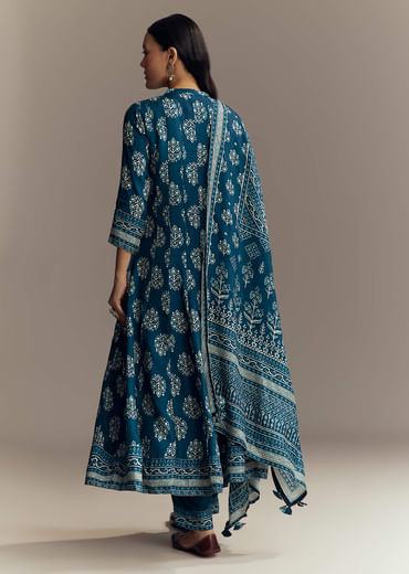 Indigo Blue Muslin Printed Anarkali Suit