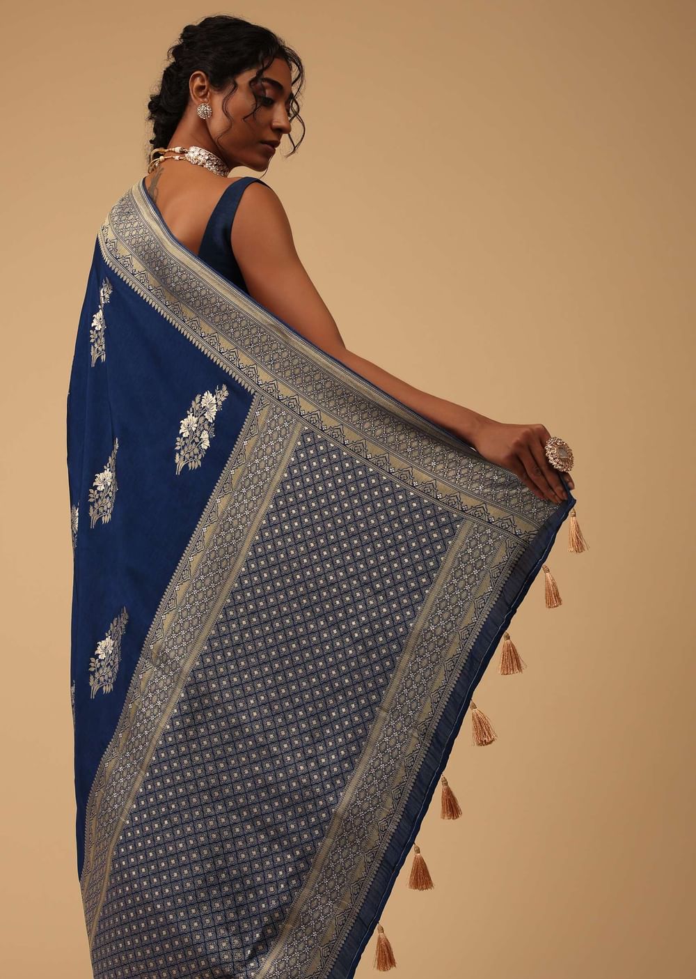 Indigo Blue Saree In Dola Silk With Embroidered Floral Buttas