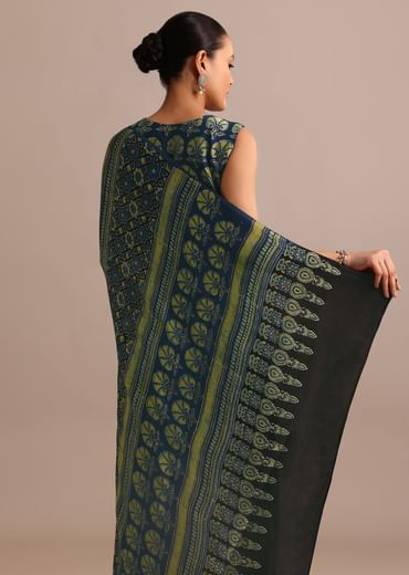 Indigo Modal Satin Saree In Ajrakh Hand Block Print