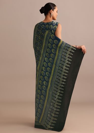 Indigo Modal Satin Saree In Ajrakh Hand Block Print