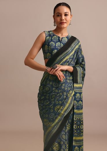 Indigo Modal Satin Saree In Ajrakh Hand Block Print