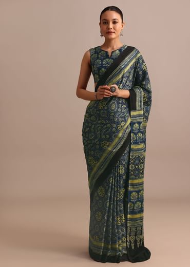 Indigo Modal Satin Saree In Ajrakh Hand Block Print
