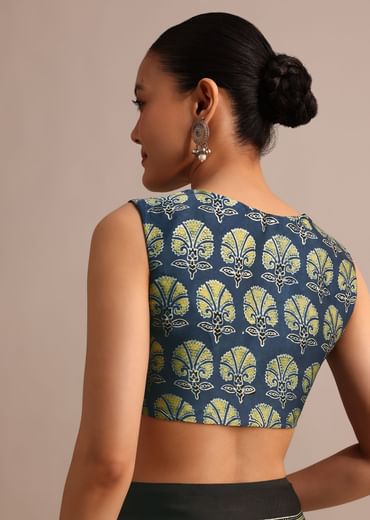 Indigo Modal Satin Saree In Ajrakh Hand Block Print