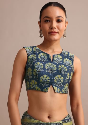 Indigo Modal Satin Saree In Ajrakh Hand Block Print