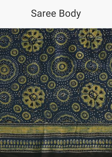 Indigo Modal Satin Saree In Ajrakh Hand Block Print