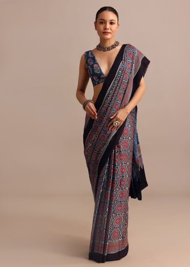 Indigo Modal Satin Ajrakh Handblock Printed Saree