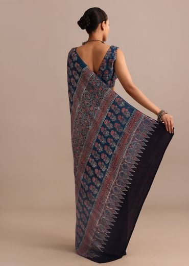 Indigo Modal Satin Ajrakh Handblock Printed Saree
