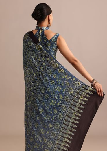 Indigo Satin Modal Ajrakh Handblock Printed Saree