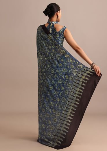 Indigo Satin Modal Ajrakh Handblock Printed Saree