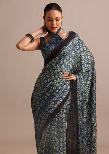 Indigo Satin Modal Ajrakh Handblock Printed Saree