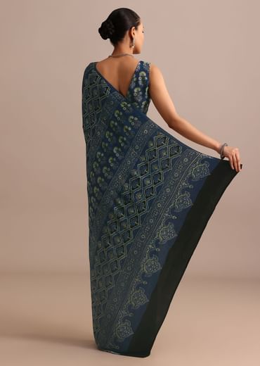 Indigo Satin Modal Handblock Printed Ajrakh Saree
