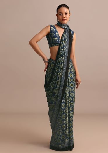 Indigo Satin Modal Handblock Printed Ajrakh Saree