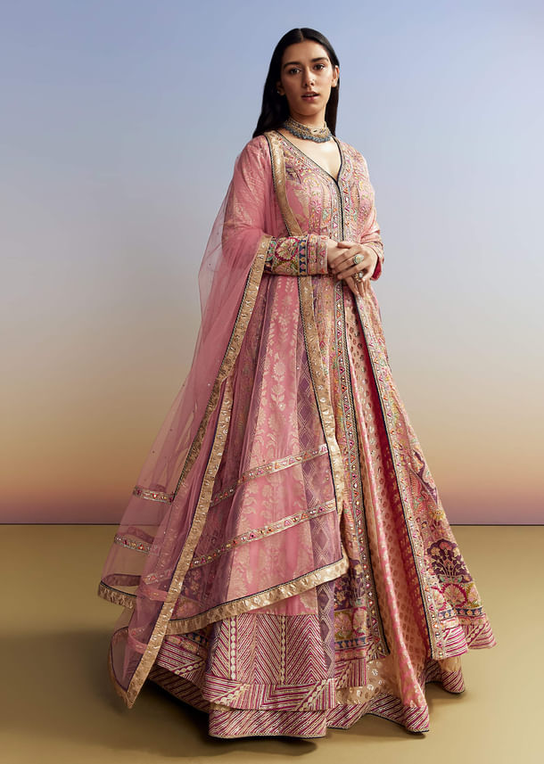 Indo Western Pink Silk Kurta Lehenga Set