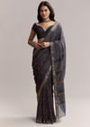 Ink Blue Linen Printed Saree With Hand Block Ajrakh Leaf Print