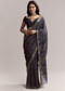 Ink Blue Linen Printed Saree With Hand Block Ajrakh Leaf Print