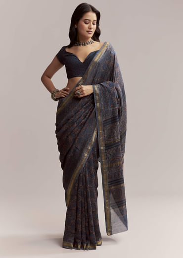 Ink Blue Linen Printed Saree With Hand Block Ajrakh Leaf Print