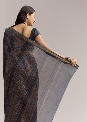 Ink Blue Linen Printed Saree With Hand Block Ajrakh Leaf Print