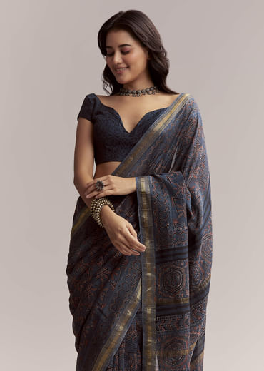 Ink Blue Linen Printed Saree With Hand Block Ajrakh Leaf Print