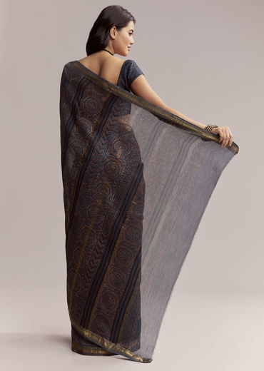 Ink Blue Linen Printed Saree With Hand Block Ajrakh Leaf Print