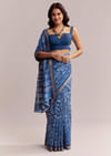 Ink Blue Linen Printed Saree With Heritage Shibori Print