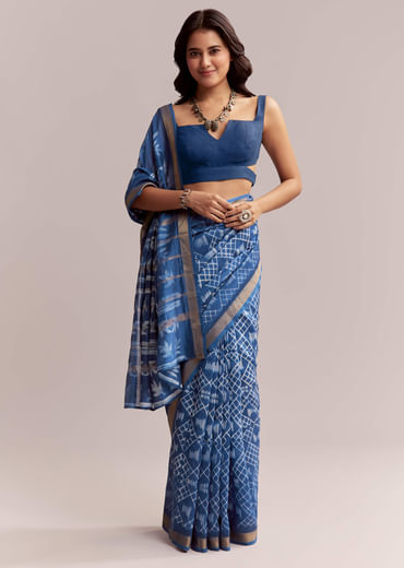 Ink Blue Linen Printed Saree With Heritage Shibori Print
