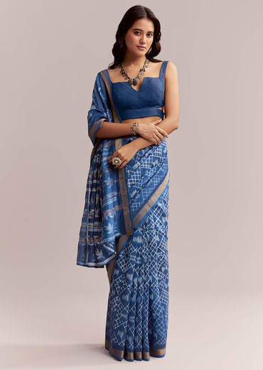 Ink Blue Linen Printed Saree With Heritage Shibori Print