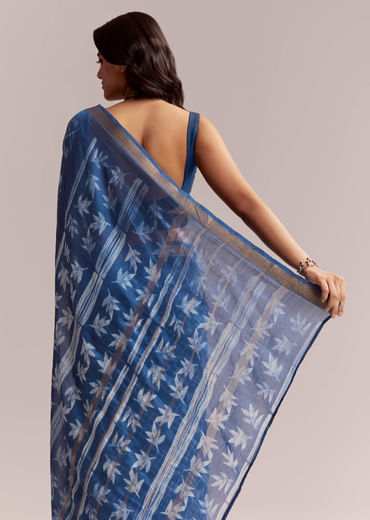 Ink Blue Linen Printed Saree With Heritage Shibori Print