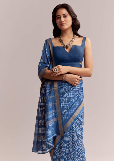 Ink Blue Linen Printed Saree With Heritage Shibori Print