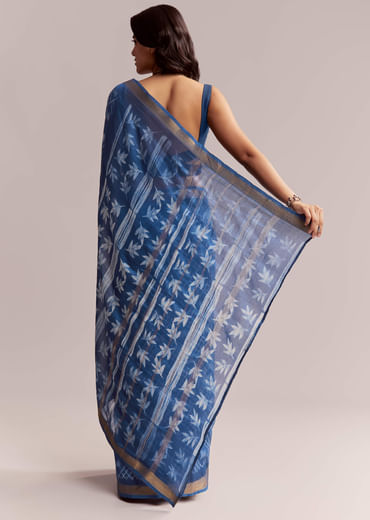 Ink Blue Linen Printed Saree With Heritage Shibori Print