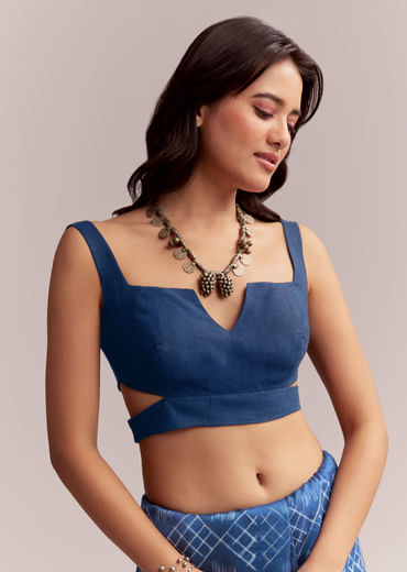 Ink Blue Linen Printed Saree With Heritage Shibori Print