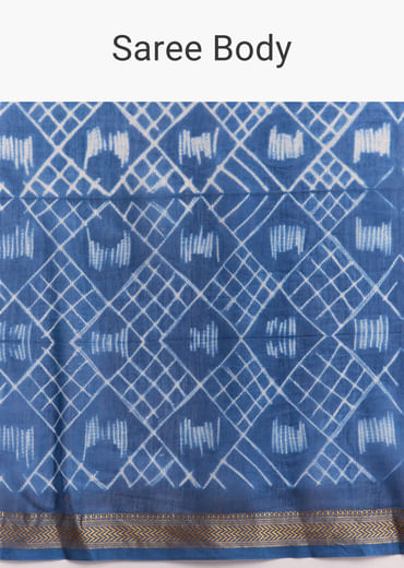Ink Blue Linen Printed Saree With Heritage Shibori Print