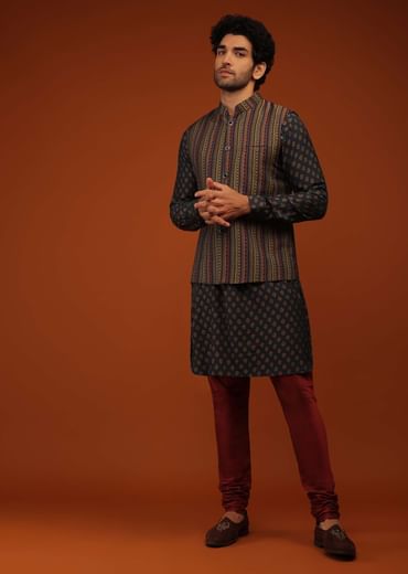 Insign Blue Nehru Jacket And Kurta Set In Striped Hand Block Print, Blue Kurta In Mandarin Collar Neckline And Full Sleeves.