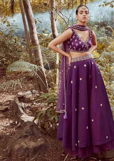Irish Purple Lehenga Choli In Raw Silk With Cut Dana And Beads Embroidered Floral Buttis And Overlapping V Neckline