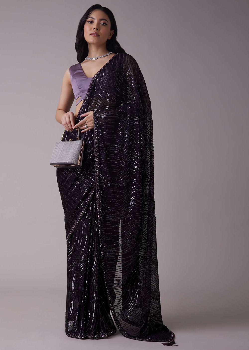 Wine Purple Sequins Saree With An Embellished Border