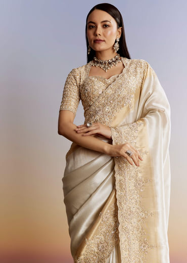 Ivory And Golden Kora Silk Saree With Heavy Zardosi Work