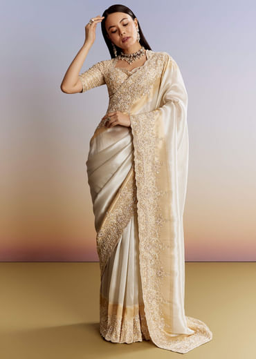 Ivory And Golden Kora Silk Saree With Heavy Zardosi Work