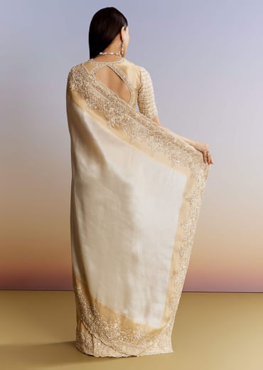 Ivory And Golden Kora Silk Saree With Heavy Zardosi Work