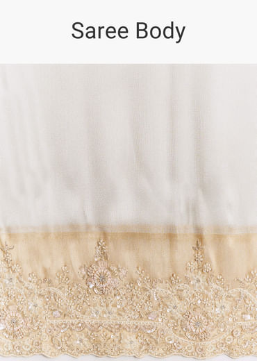 Ivory And Golden Kora Silk Saree With Heavy Zardosi Work