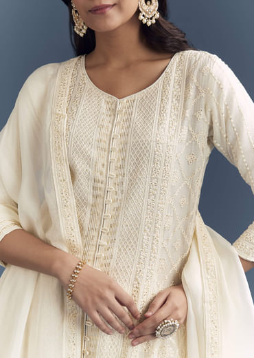 Ivory Chanderi Anarkali Suit With Thread And Sequins Embroidery