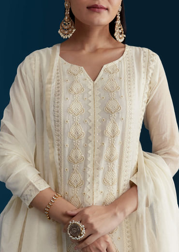 Ivory Chanderi Kurta Set with Thread Work