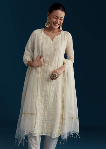 Ivory Chanderi Kurta Set with Thread Work