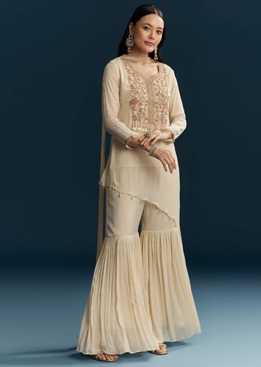 Ivory Chinon Sharara Suit With Zardosi Work